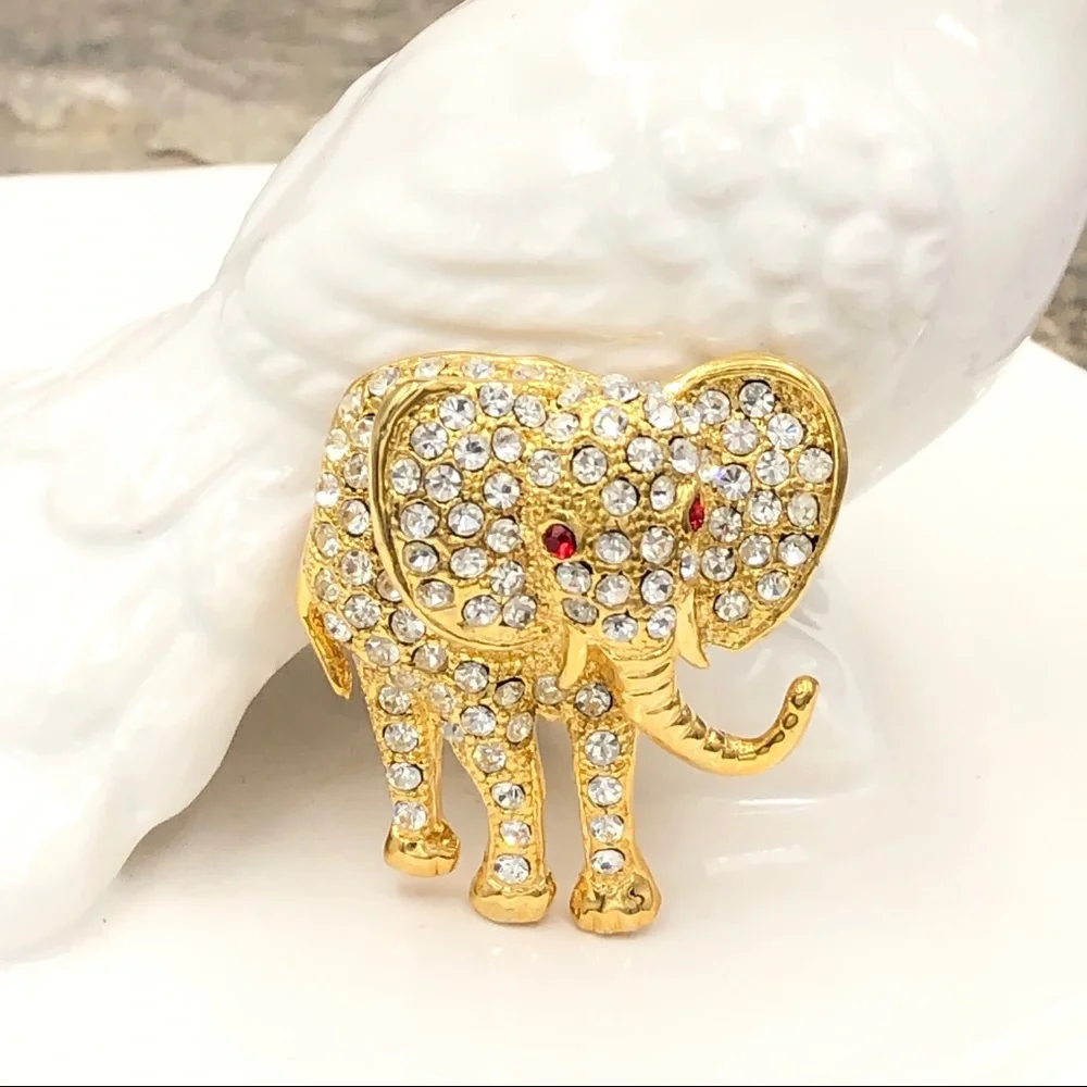 Gold Elephant Red Eyes Rhinestone Lapel Pin Brooch